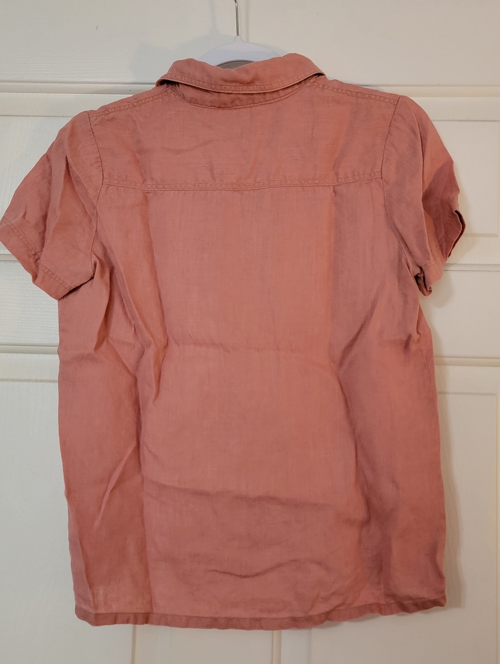 Women's Peach Colored  Linen Button Up Short Sleeve Blouse - Picture 4 of 6